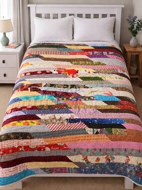Vintage Reversible Patchwork Quilt – Colorful Stripe & Red Cherry Dot Twin Size